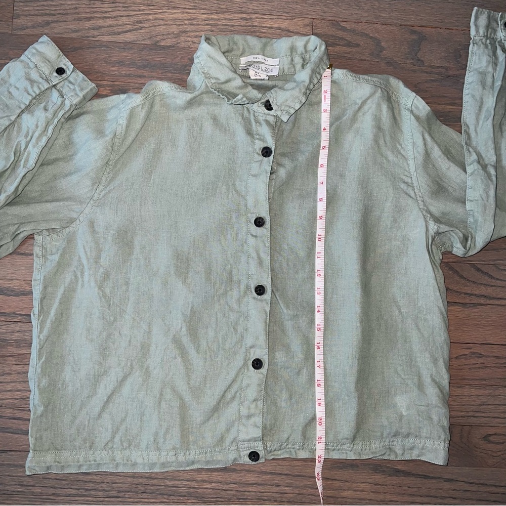100% Linen Green Long Sleeve Button Down Shirt Fisherman Jacket Large Cabincore - Picture 7 of 7